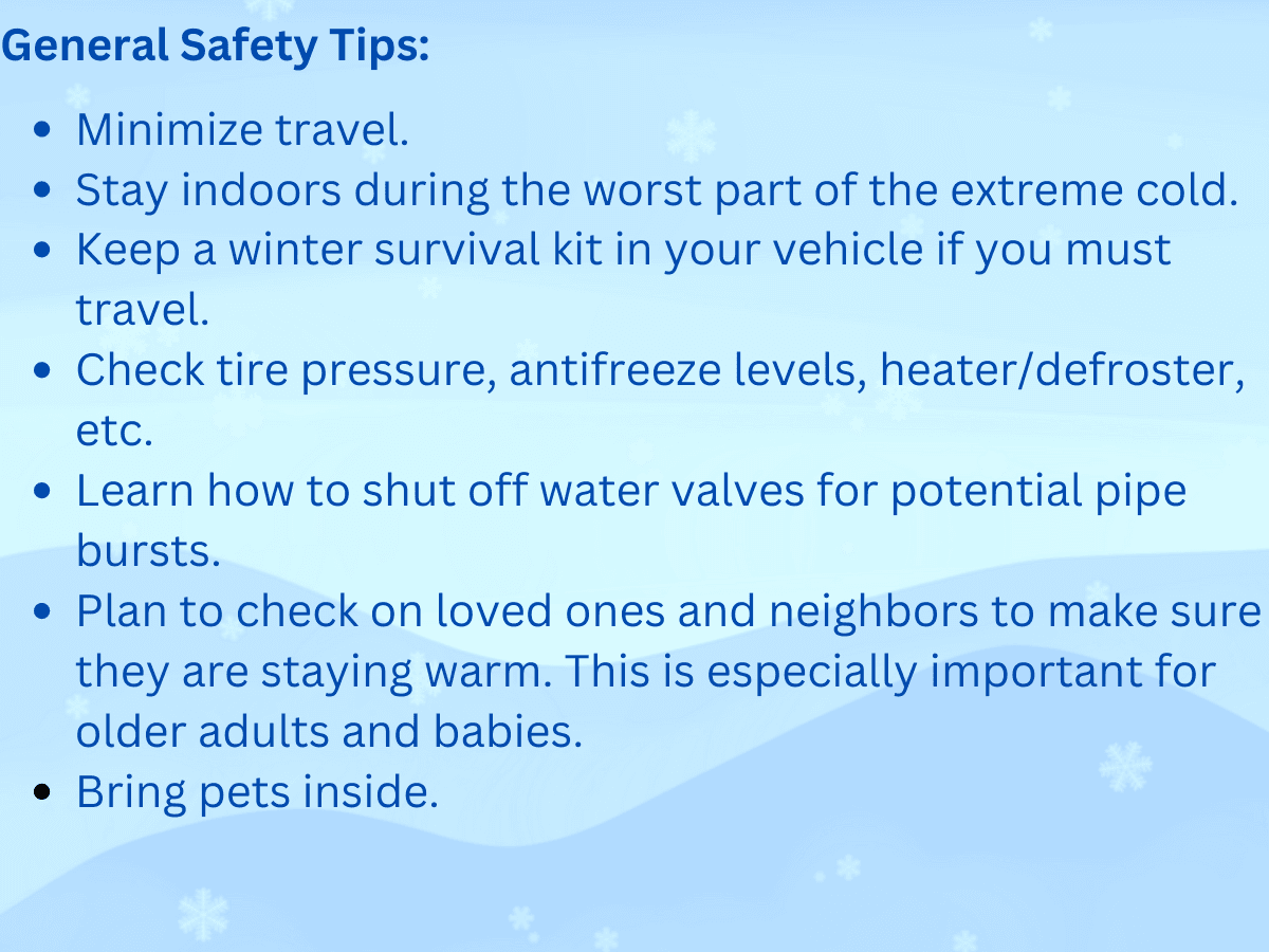 minimize travel, stay indoors, keep a survival kit in your house and car, shut off water valves, check others