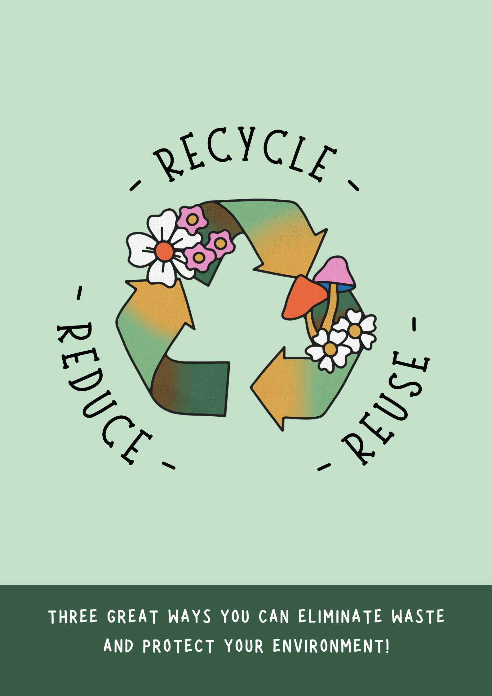Green Illustrated Reduce Reuse Recycle 3Rs Flowers Poster