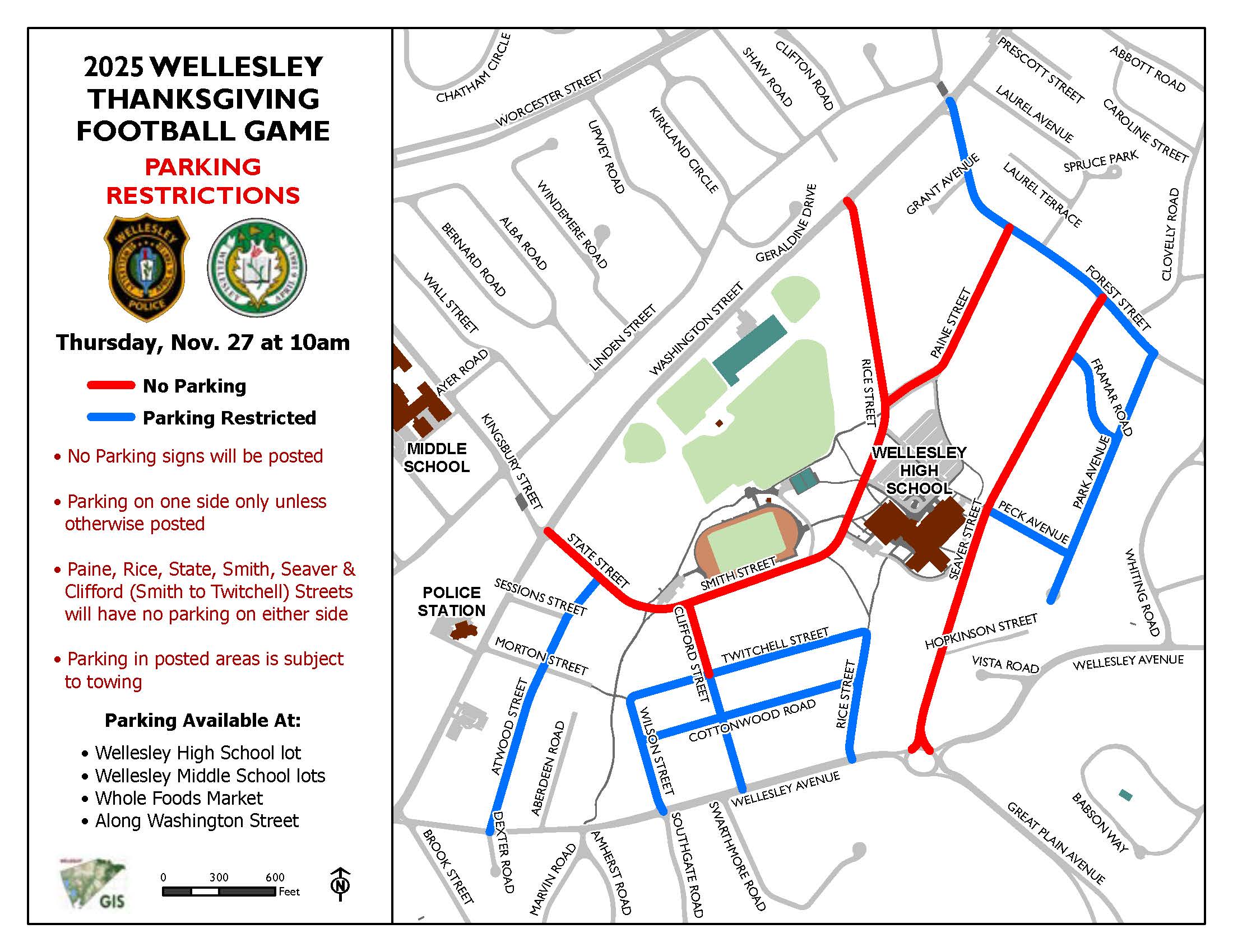 2025 Thanksgiving Day Football Game parking restrictions map 